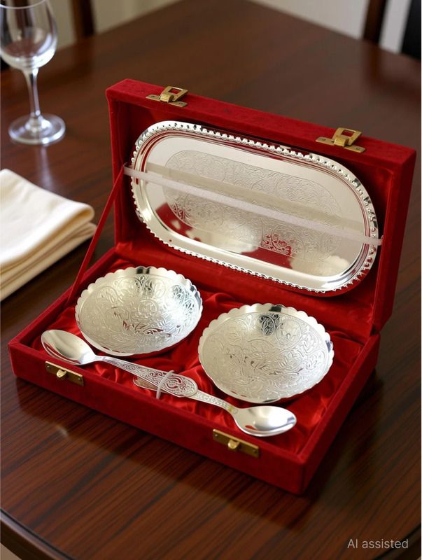 the healing store Premium German Silver Plated Bowl Set with Decorative Tray & Spoon Bowl, Tray, Spoon Serving Set-picture-10