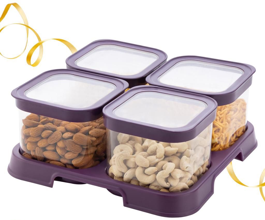 Airtight 750ml Snack & Dry Fruit Container Storage & Serving Set (4 pcs + Tray) Bowl, Container, Tray Serving Set-image-45