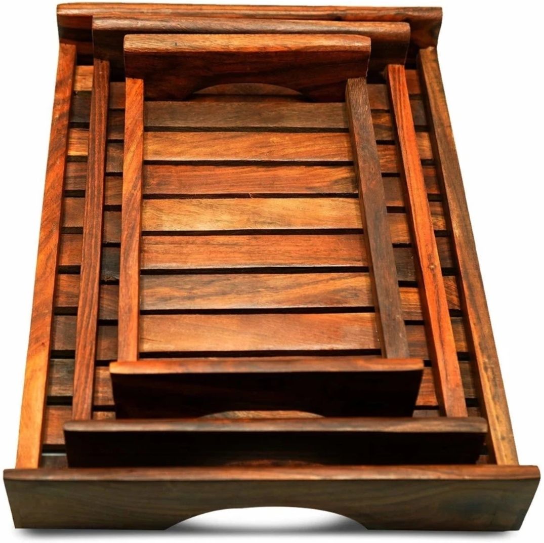 Crafty Creation Sheesham Wooden Serving Tray, -Set of 3 Tray Serving Set