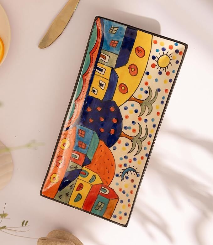 Hand-Painted Ceramic Rectangular Serving Plate, Multicolor - Pottery Tray Serving Set-image-1