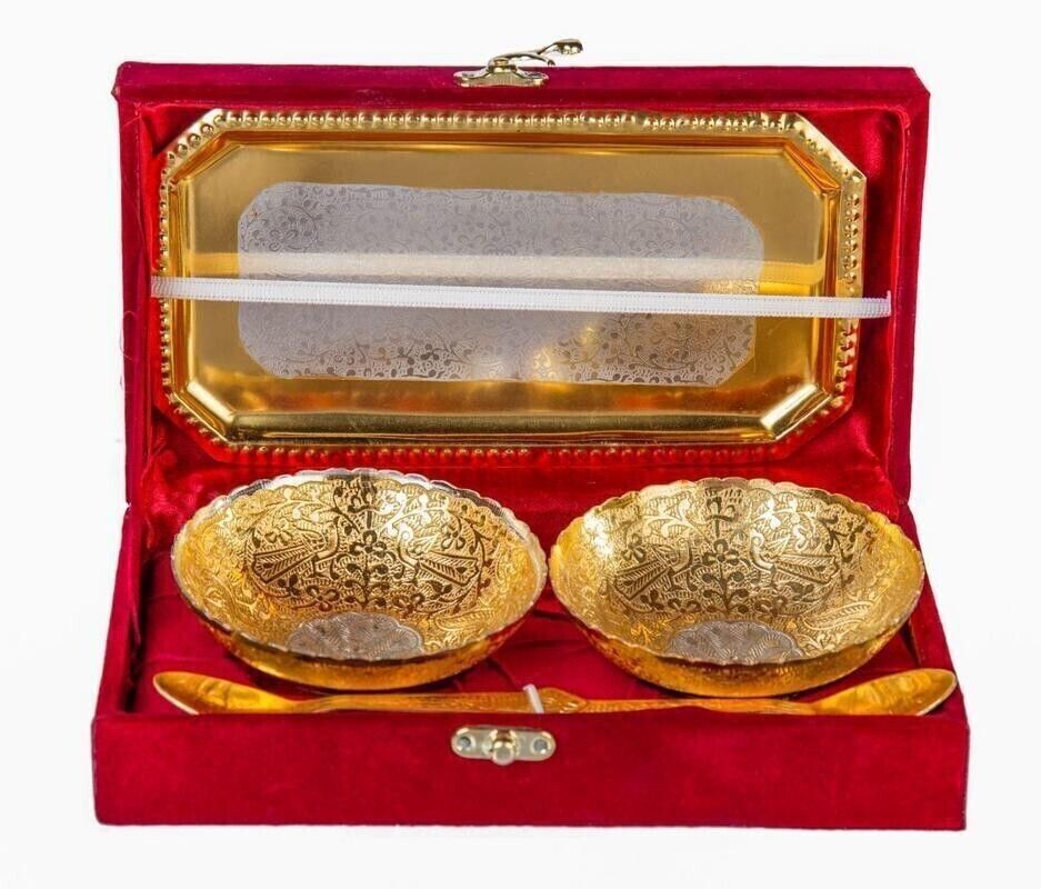 international gift Gold Plated 2 Round Bowl, 2 Spoon & Tray With Box" Bag | For Dry Fruit Bowl Serving Set-picture-25
