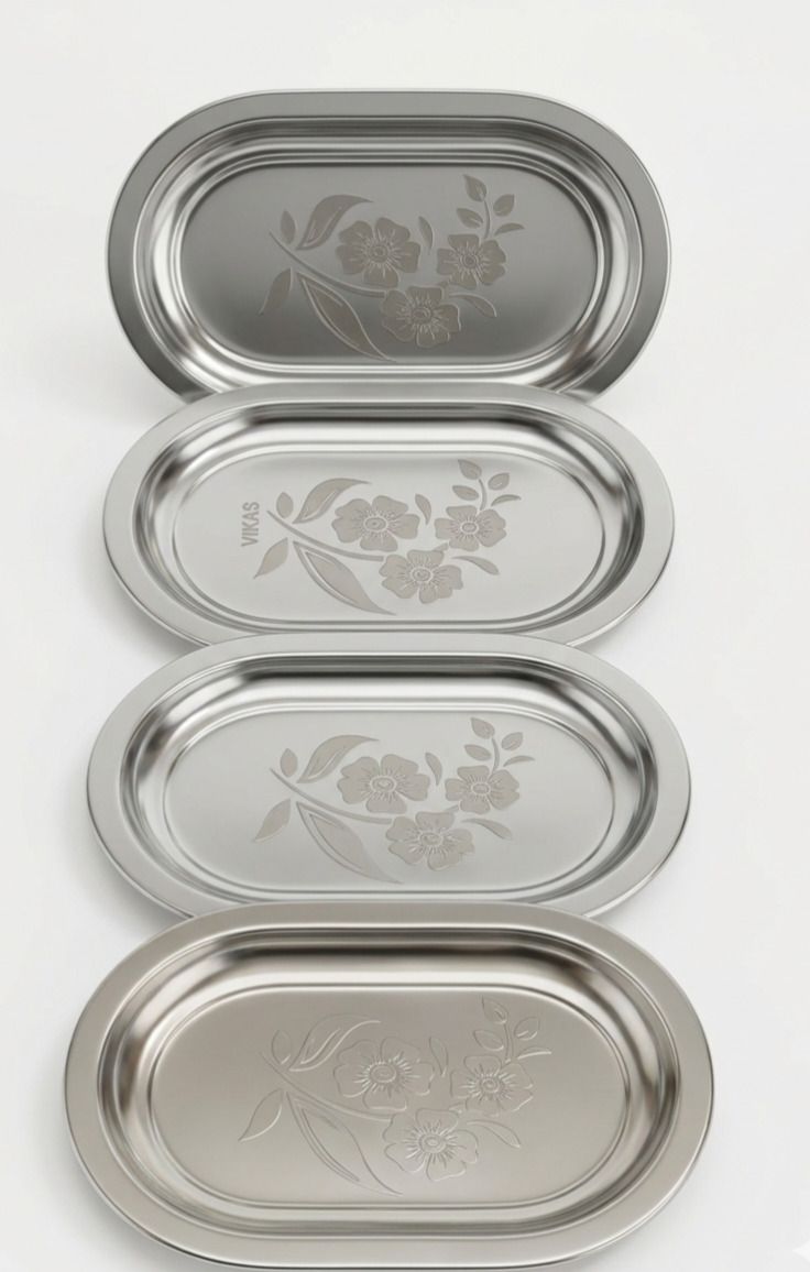 asha enterprises S Steel Oval Lunch Tray |SMALL SIZE TRAY/MAGGIE TRAY| Serving Plate| SET OF 4 Chip & Dip Tray Serving Set-picture-23