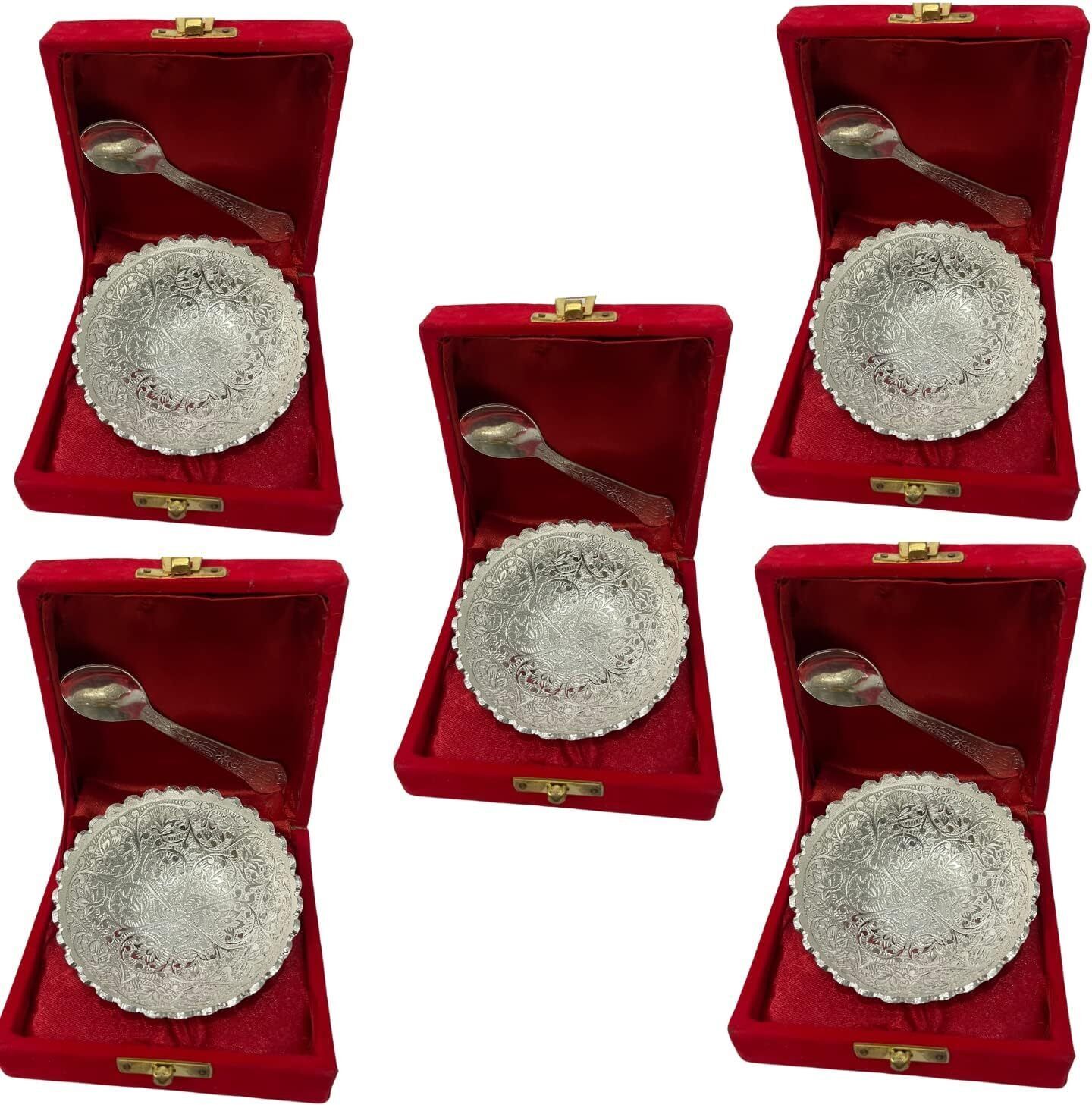 German Silver Single Floral Bowl with Royal Velvet Box (Pack of 5) Bowl Serving Set