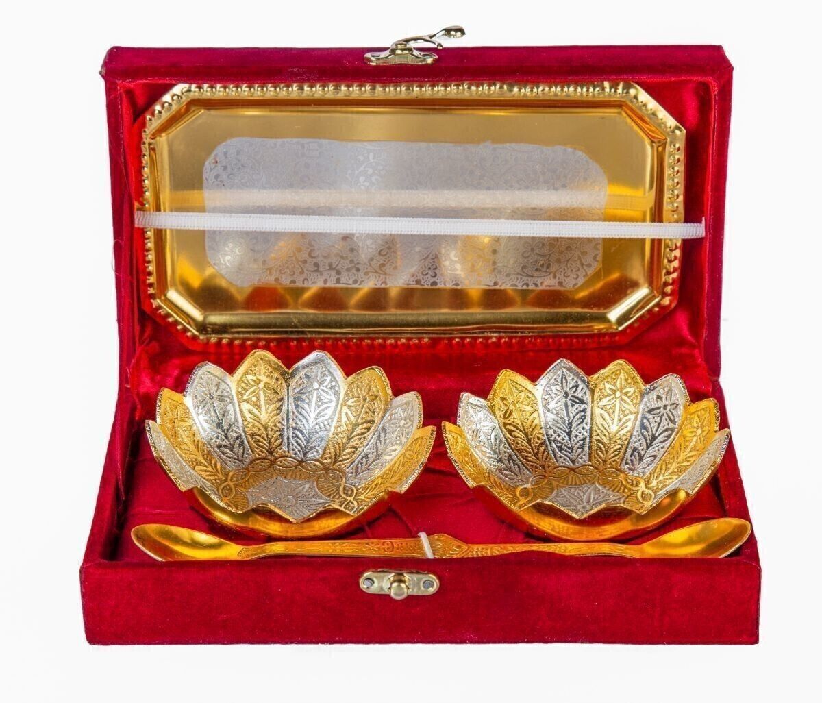 international gift Gold & Silver Plated 2 Louts Bowl, 2 Spoon & Tray With Box' Bag | For Dry Fruit Bowl Serving Set-picture-27