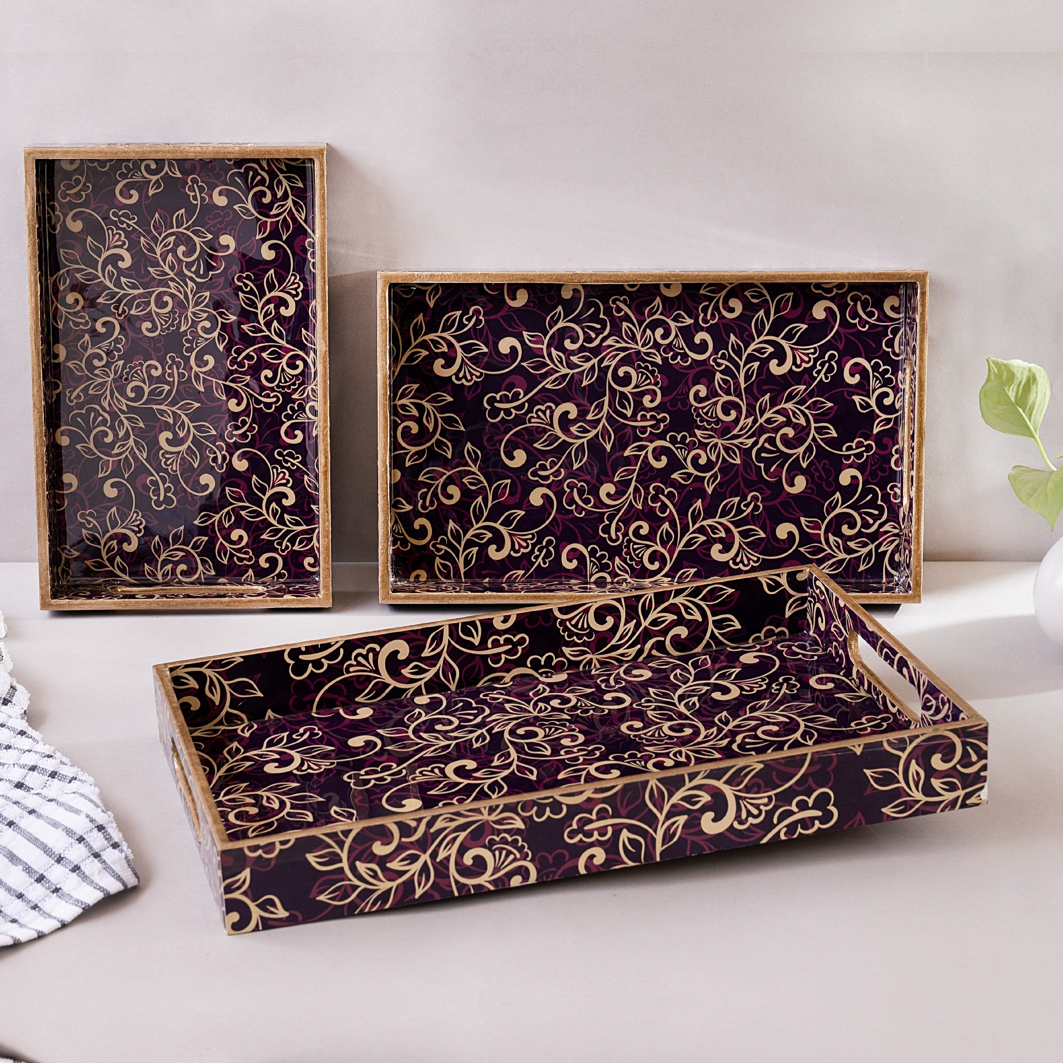pb papyrusbolsys 3 Different Size Printed Wooden Serving Trays Tray Serving Set image 1