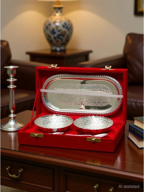 Luxury German Silver Plated Bowl Tray Spoon Set Bowl, Tray, Spoon Serving Set-image-20