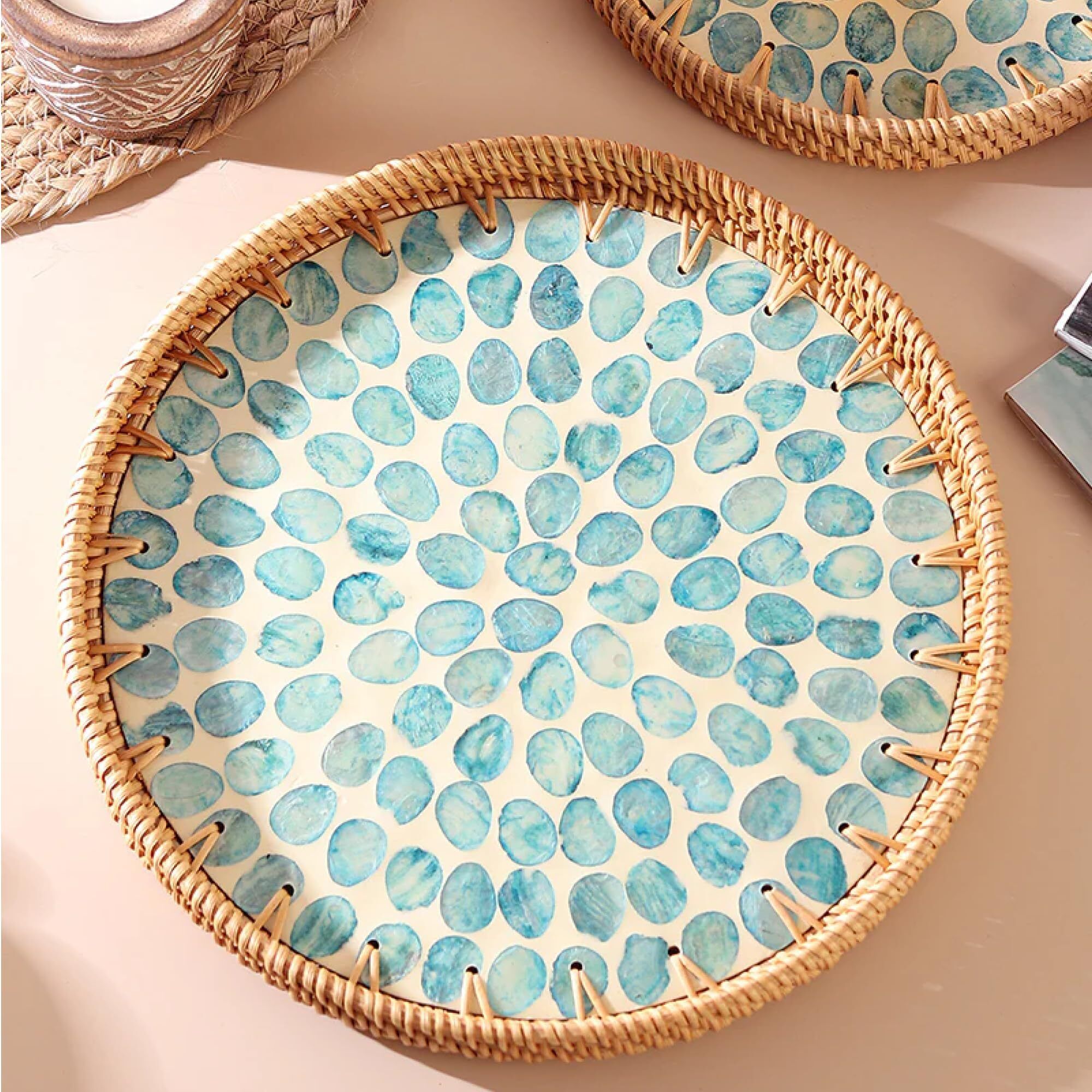 habere india Luxury Round Serving Tray Cane Beige with Textured Weave for Hosting Tray Serving Set-picture-21
