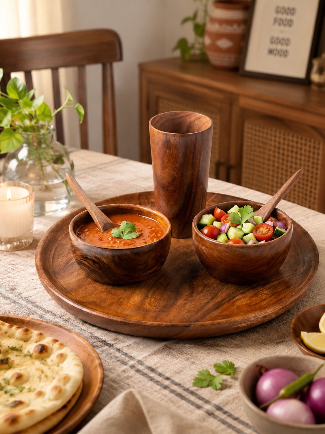 Acacia Wooden Serving Tray Set with Bowl Spoon & Glass | Dining Combo Set Bowl, Glass, Plate, Spoon Serving Set-image-2