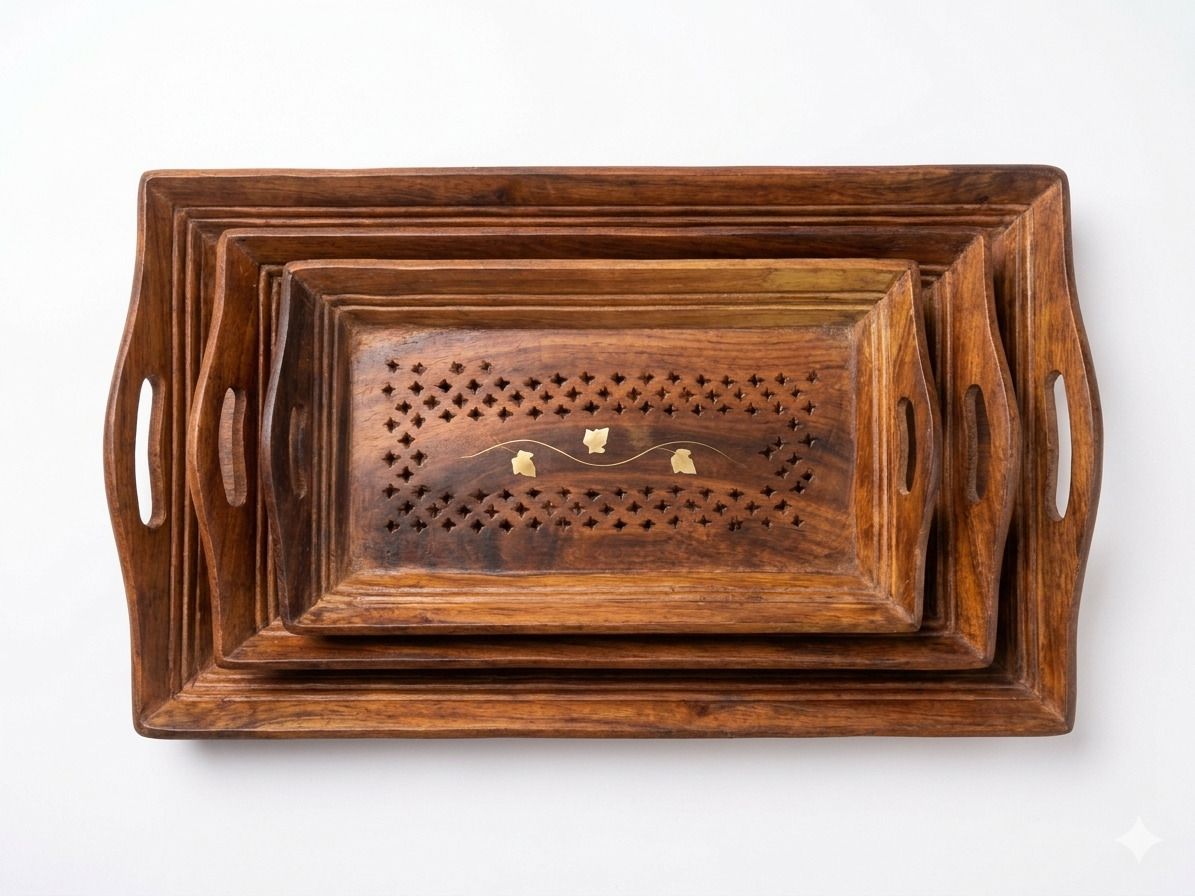 hnb creation HNB Sheesham Wood Serving Tray Set of 3 | Wooden Tea & Snack Serving Trays Dish, Chip & Dip Tray, Tray Serving Set-picture-16