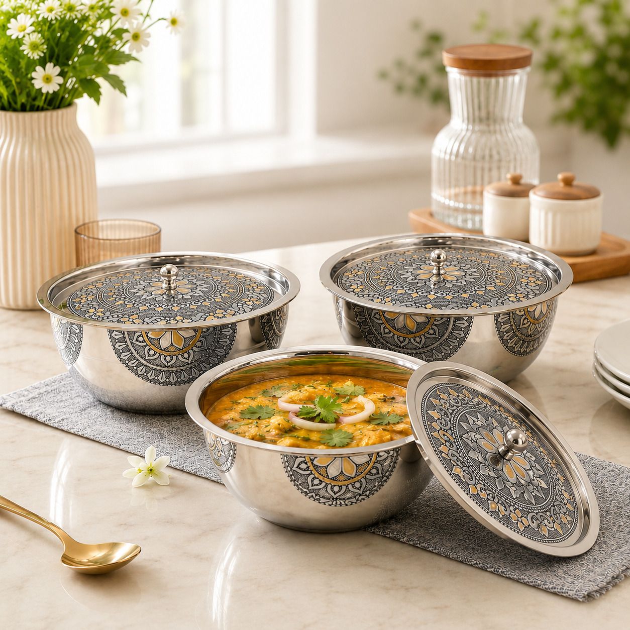 JD Enterprise Premium Printed Stainless Steel Serving Bowl Set Bowl Serving Set-picture-1