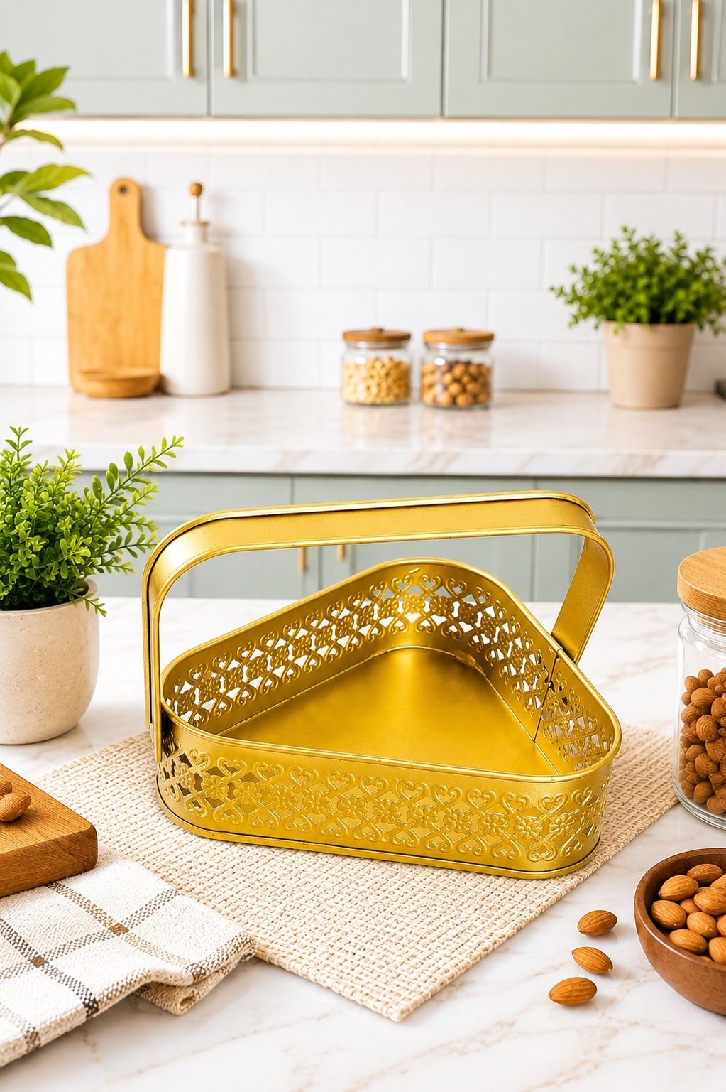 the urban home Triangle Metal Basket with Handle Gold Serving Tray Gift Hamper Organizer Tray Serving Set-picture-26