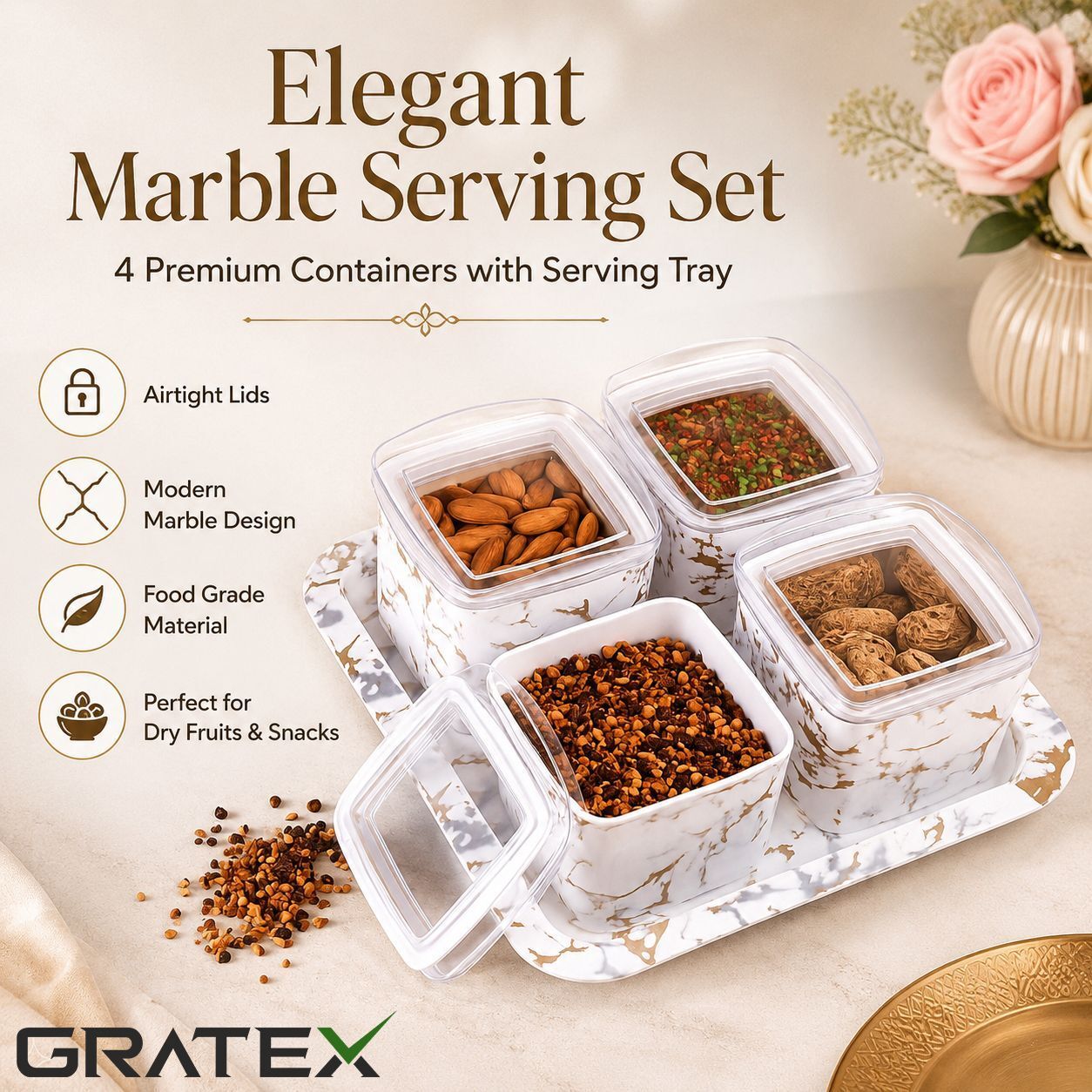 Elegant Marble Design Serving Tray Set with Airtight Plastic Bowls Tray, Bowl Serving Set-image-28
