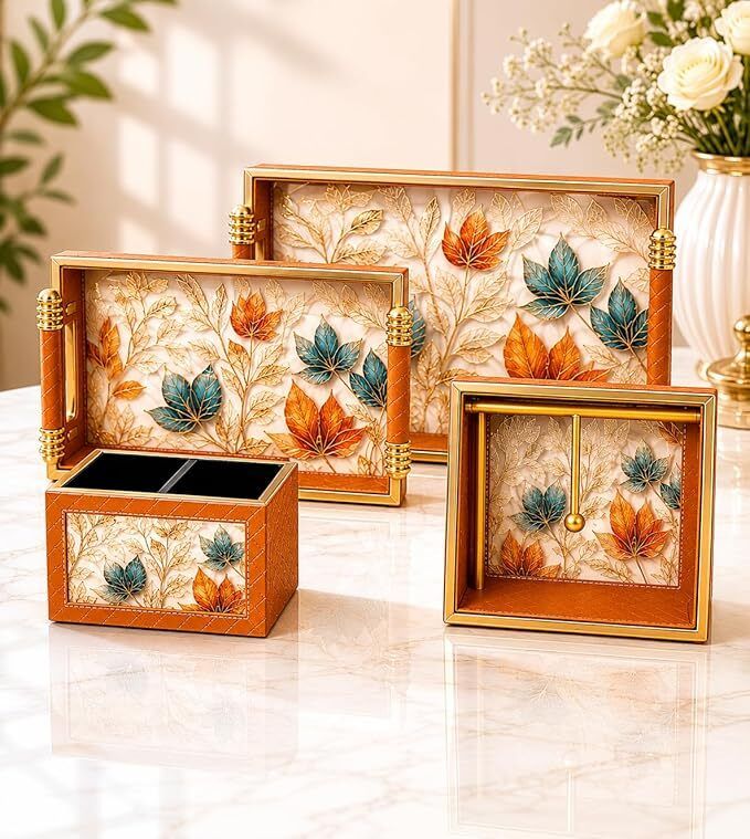 Serving Tray Combo Set, Wooden, 4-Piece Dining Table Accessories Tray Serving Set-image-6