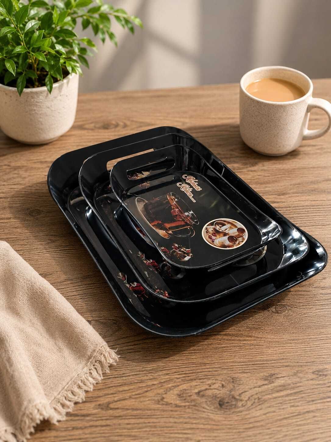 Premium Plastic Serving Tray Set of 3 | Tea Cup Designer Print Tray Serving Set-image-12
