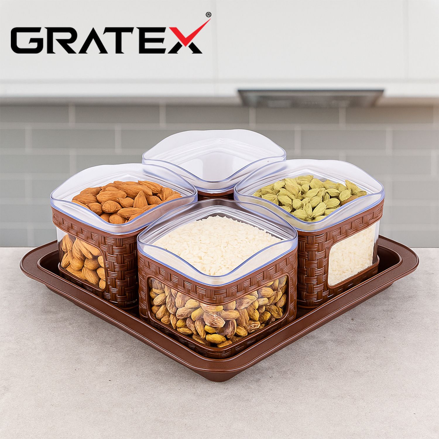 SUN SHINE SQUARE 4PCS. BROWN Tray, Bowl Serving Set