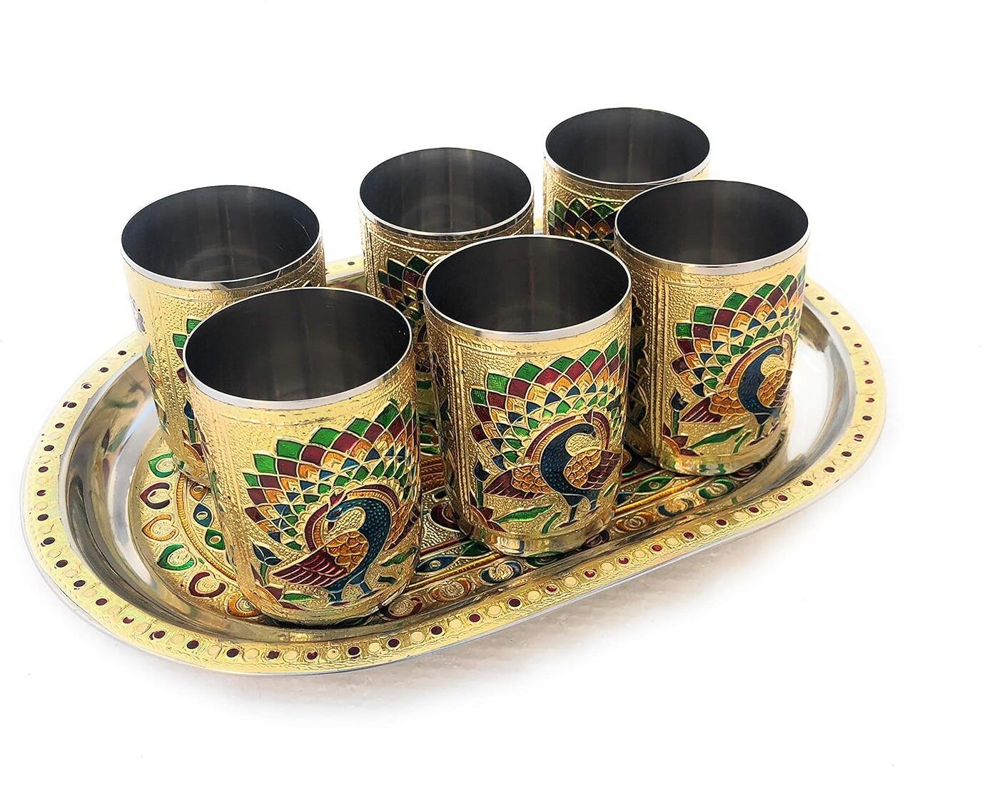 kavid Golden Meenakari Tray with Stainless Steel Designer Glass Glass, Tray, Plate Serving Set-picture-15