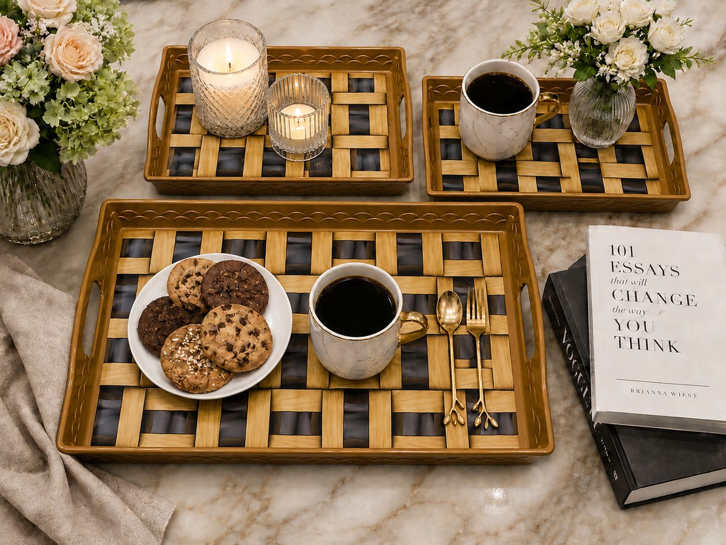 ashlas 3 Pcs Plastic Serving Tray Set with Handle for Snacks, Breakfast & Serving Tray Serving Set-picture-14