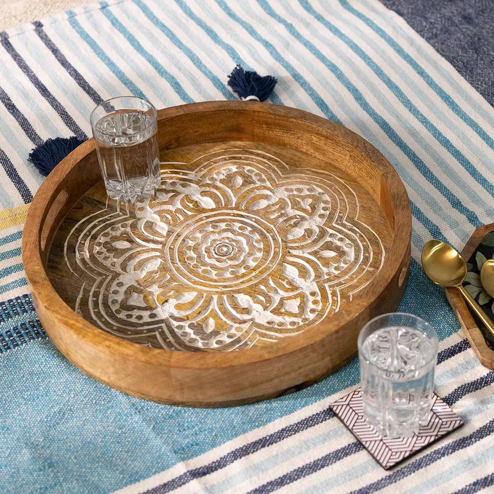 threadvibe living Wooden Round Serving Tray Set with Traditional Mandala Design Plate, Tray Serving Set-picture-8