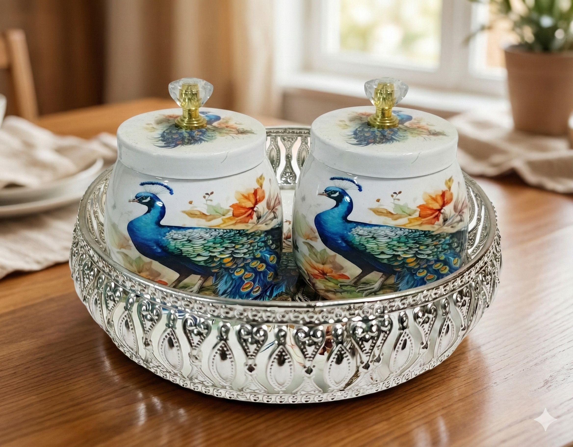 mm overseas Peacock Pichwai Tray with 2 Jars | 8 Inch German Silver Tray Set Container Serving Set-picture-11