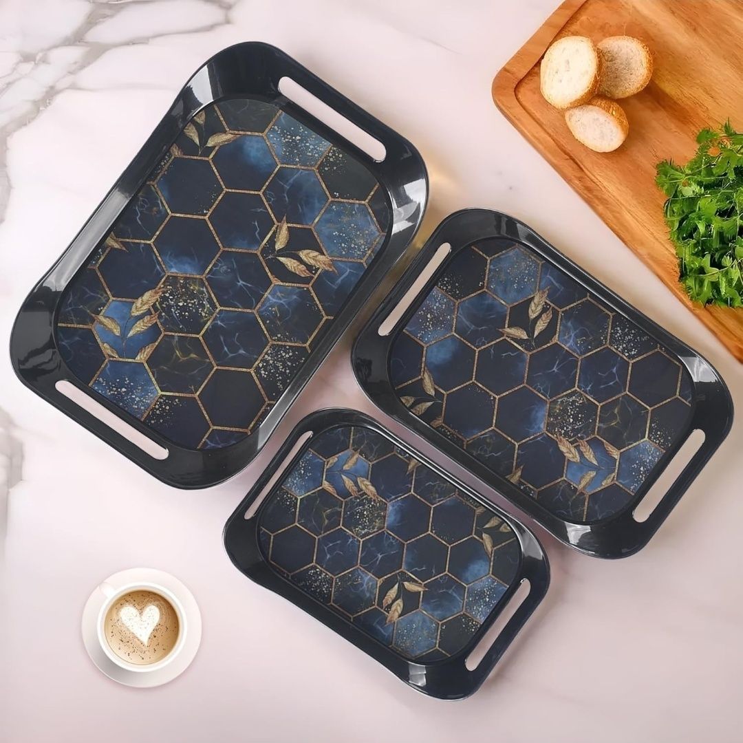 noventa Royal Hexa Marble Premium Multipurpose Serving Tray Set of 3 (Black & Blue) Tray Serving Set-picture-29