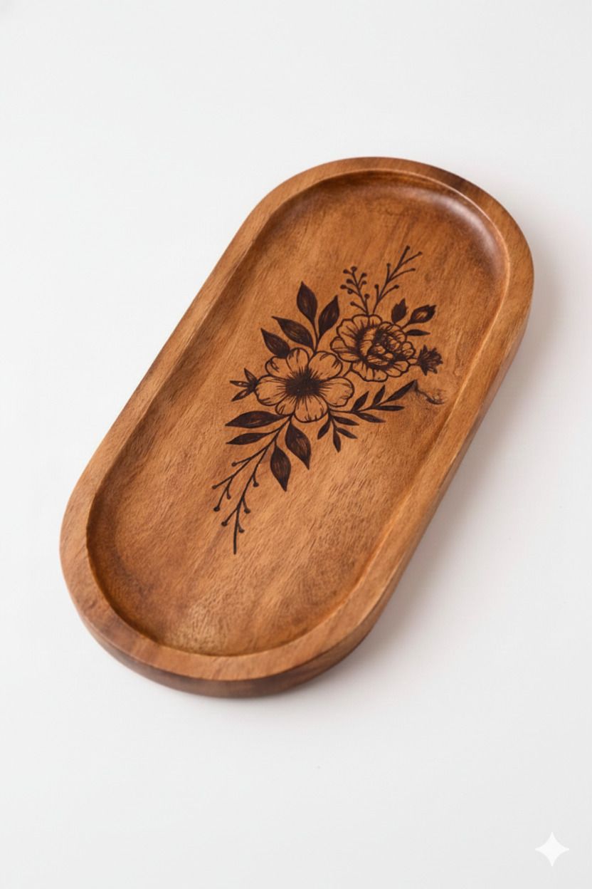 khusubhdecor Wooden Jewelry Tray, Oval Shape and Snacks Serving (Flower Carving Tray) Tray Serving Set-picture-19