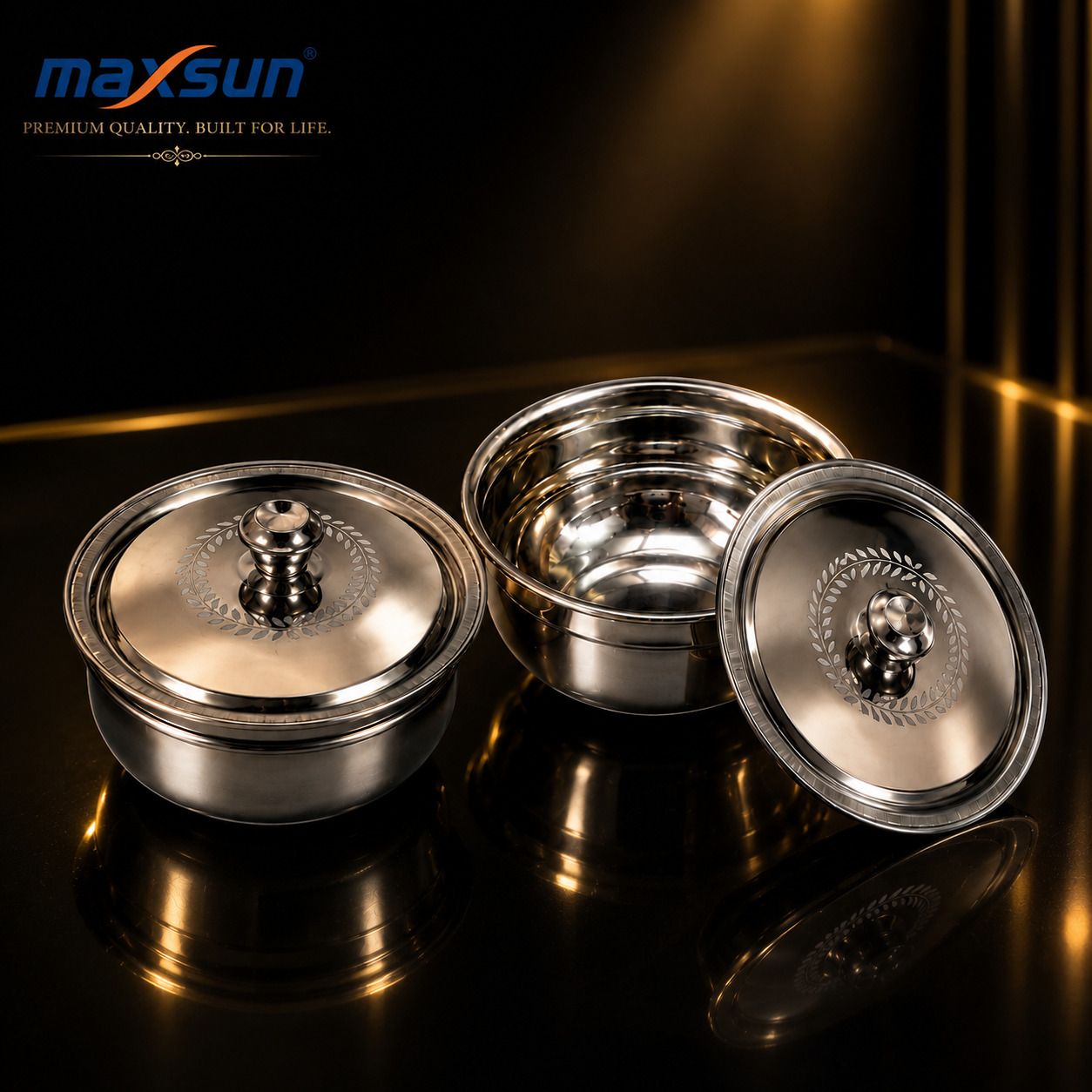 Elegant Steel Serving Dish 500 ml with Lid Mirror Finish Kitchen Bowl Container Serving Set-image-24