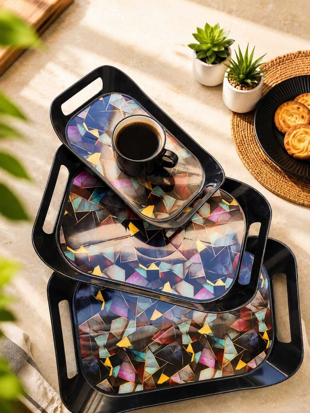 noventa Premium Black Plastic Serving Tray Set of 3 Tray Serving Set-picture-2
