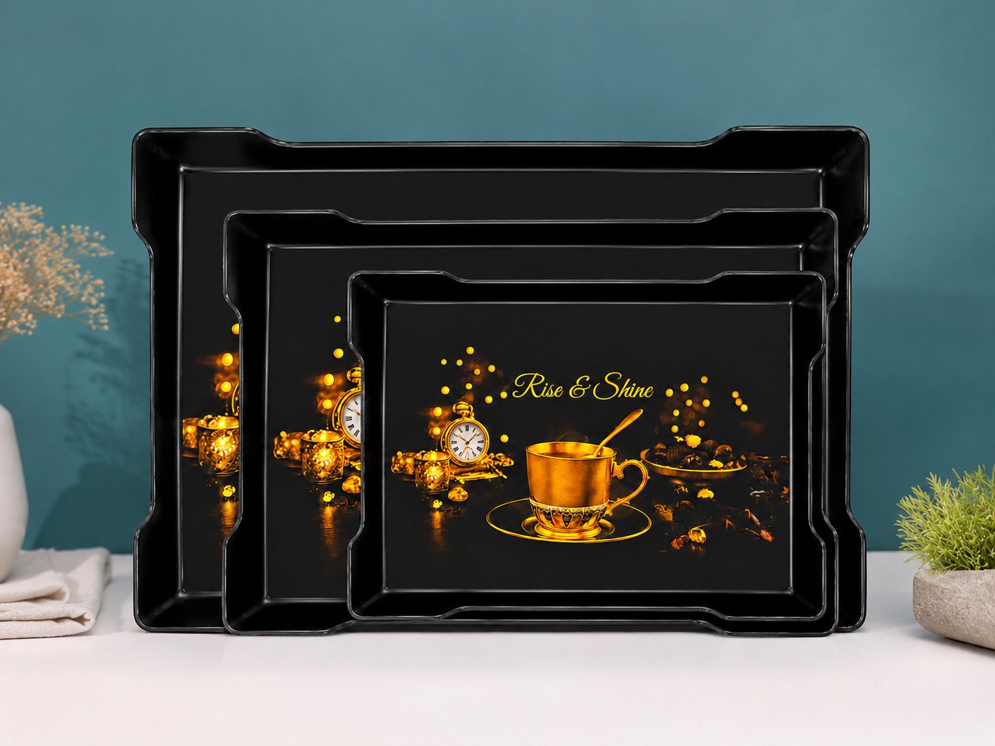 urbanplast Decorative Plastic Serving Tray Set for Home Kitchen Tea and Coffee Serving Tray Serving Set-picture-48