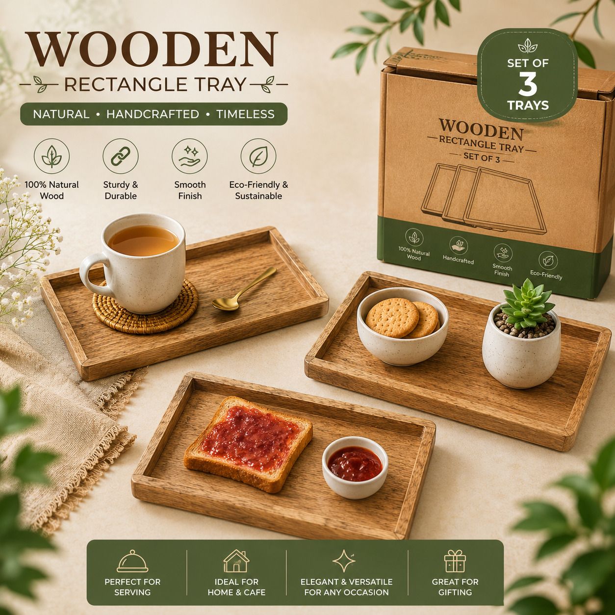 Premium Acacia Wood Rectangular Serving Tray with Rounded Corners Tray Serving Set-image-9
