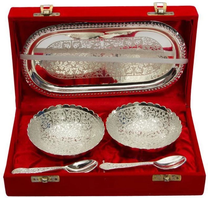 the healing store Decorative German Silver Plated Bowl Serving Set with Tray & Spoon Bowl, Tray, Spoon Serving Set-picture-25