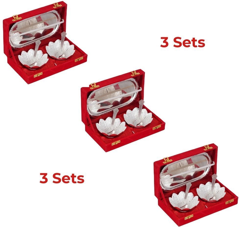 German Silver Bowl Sets For Gift Decorative Silver Plated Dry Fruits Server Bowl, Tray, Spoon Serving Set-image-7