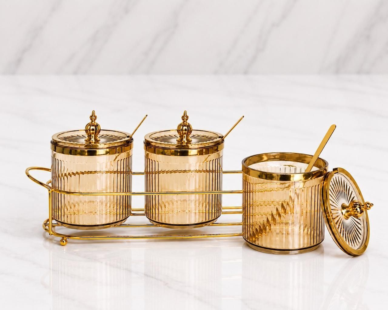 GOLDEN SERVING TRAY ,3CONTAINER SET WITH LID AND SPOON Container Serving Set-image-23