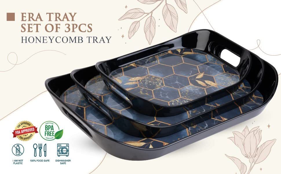 Premium Blue Hexagon Printed, Durable Plastic Trays with Handles, Tray Set of 3 Glass Tray Set-image-23
