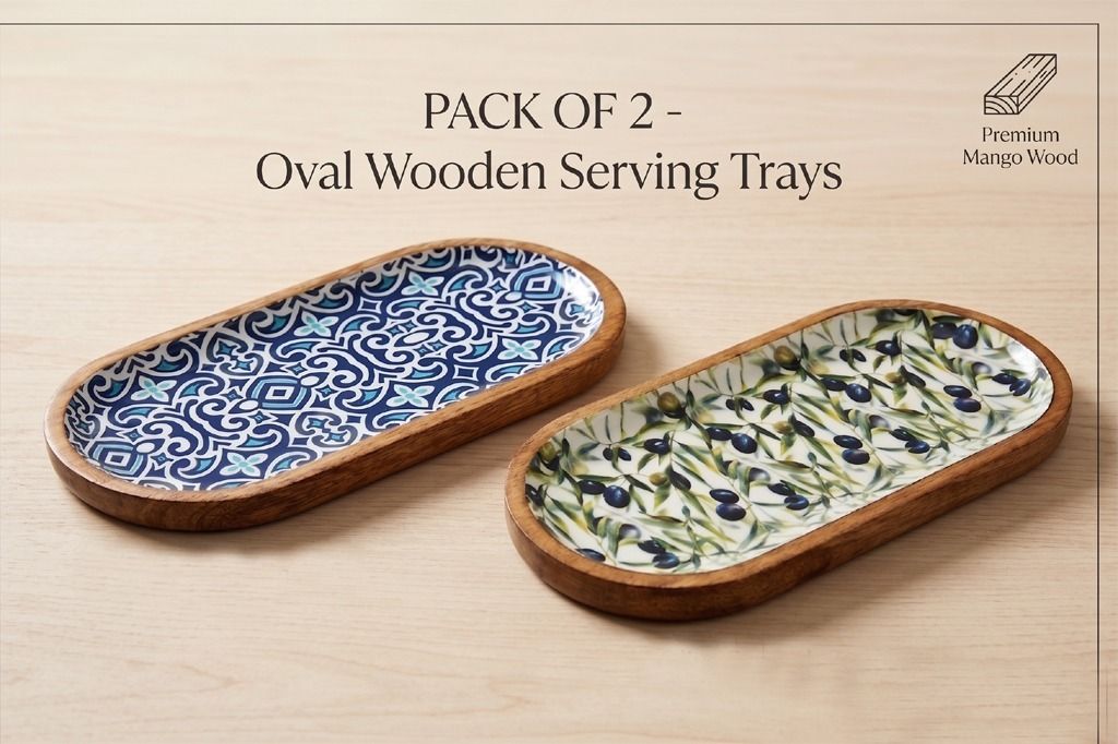 Mango Wood Oval Serving Trays, Pack of 2, Moroccan & Olive Branch Resin Inlay. Tray Serving Set-image-38