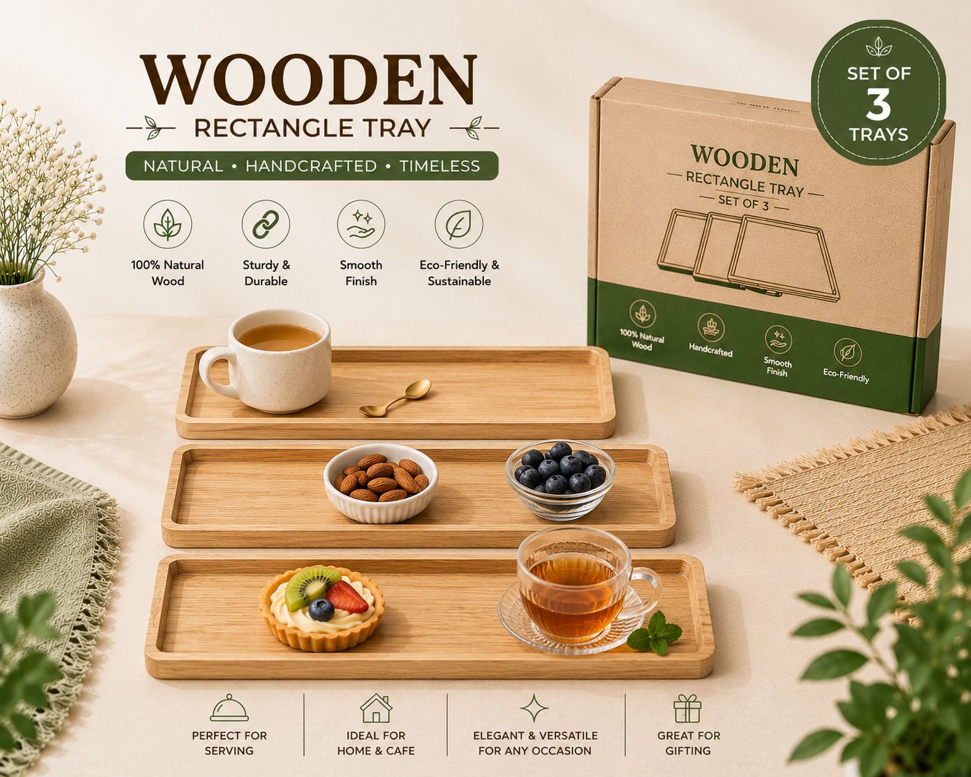 Premium Acacia Wood Rectangular Serving Tray with Rounded Corners Tray Serving Set-image-5
