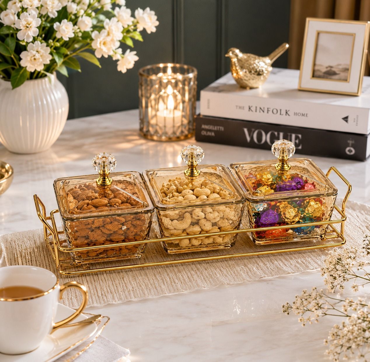vismii Premium 3 Bowl Acrylic Dry Fruit Serving Set with Gold Metal Stand & Lids Bowl, Tray Serving Set-picture-21