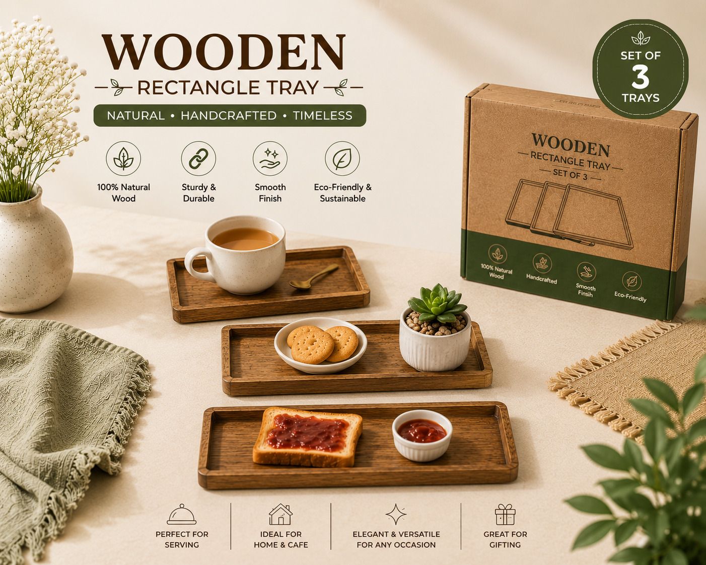 Premium Acacia Wood Rectangular Serving Tray with Rounded Corners Tray Serving Set-image-36
