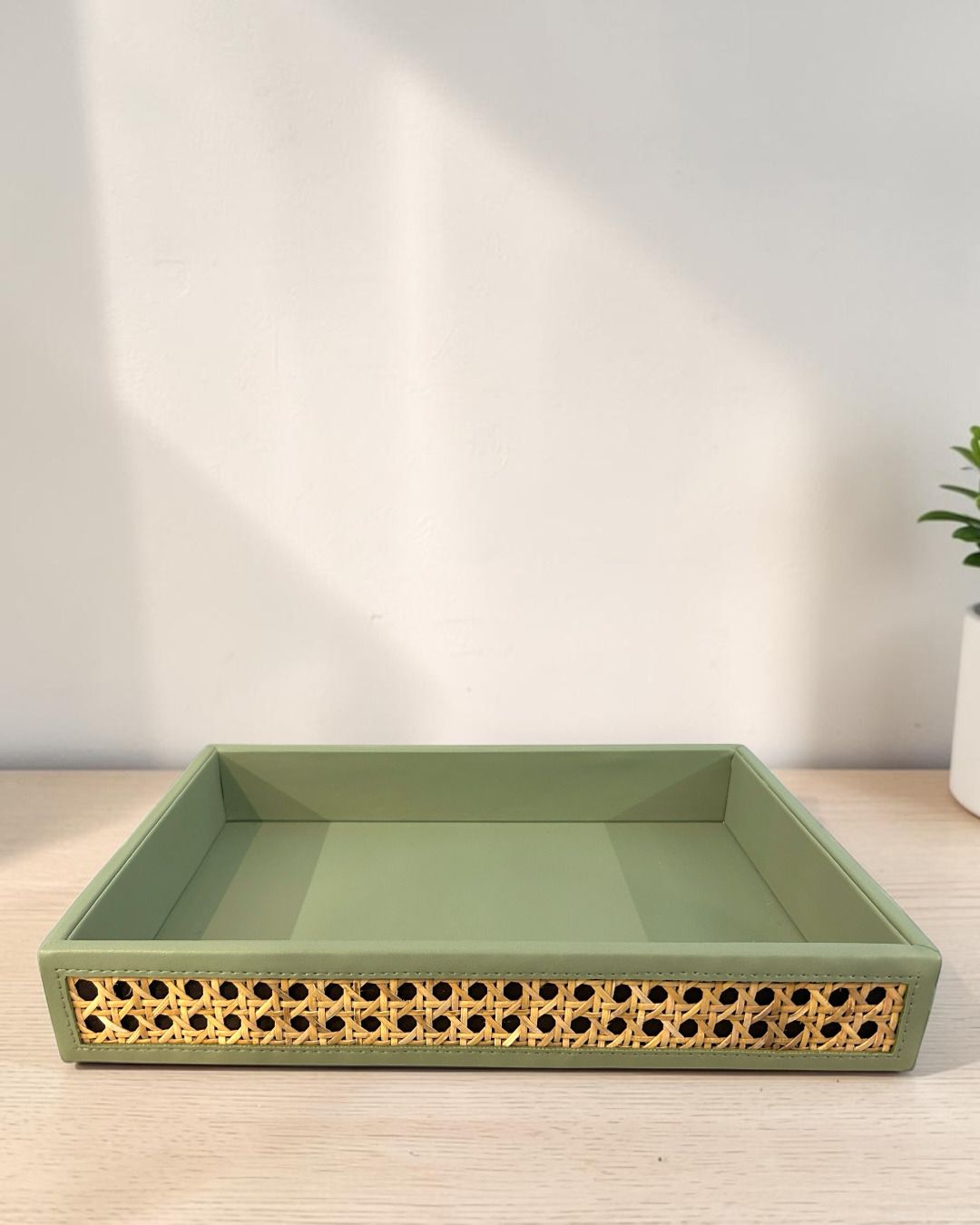 Vegan Leather Natural Rattan Cane Tray Tray Serving Set-image-1