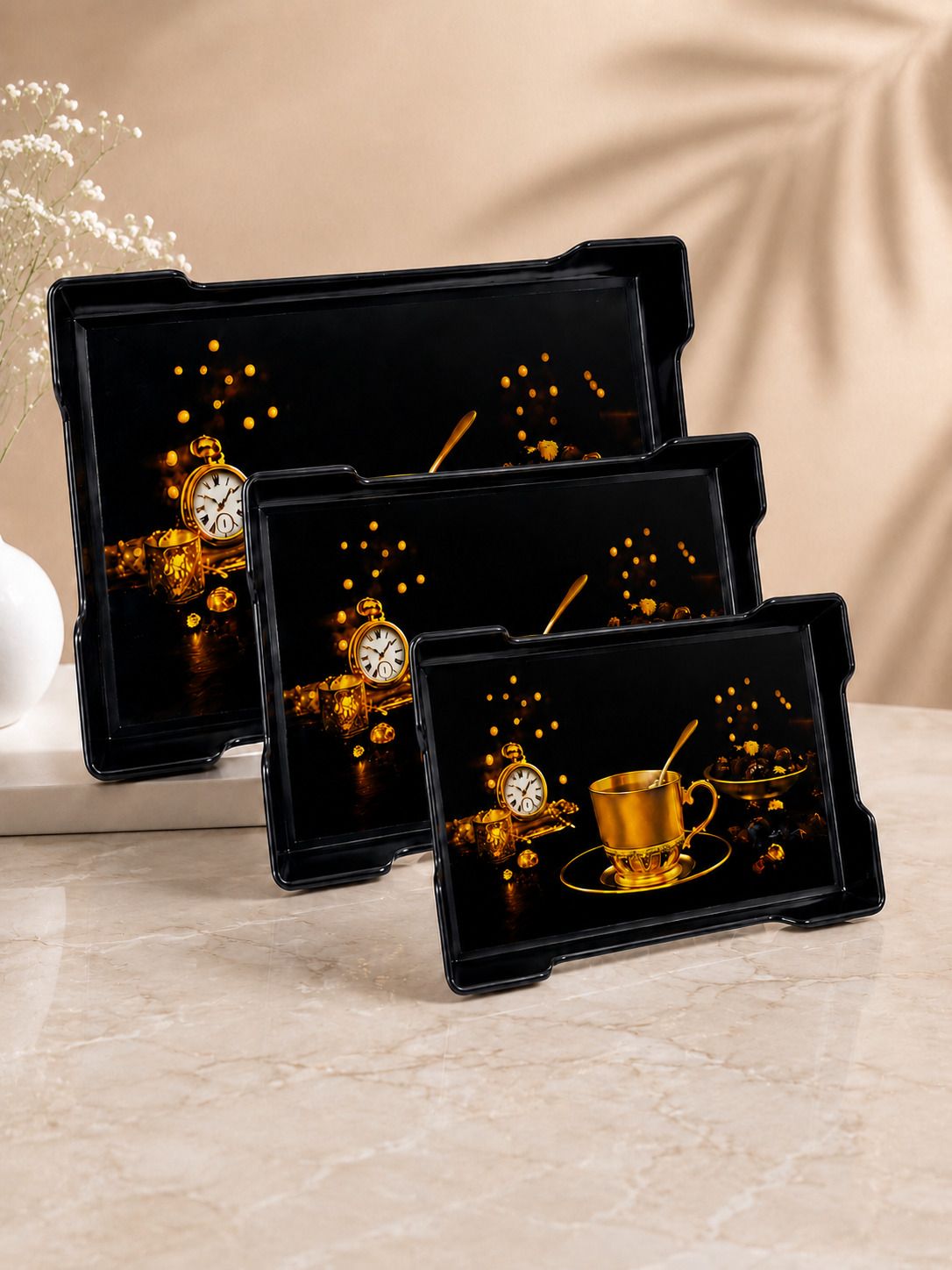 urbanplast Premium Plastic Serving Tray Set of 3 with HandlesTea Coffee Snack Tray Tray Serving Set-picture-35