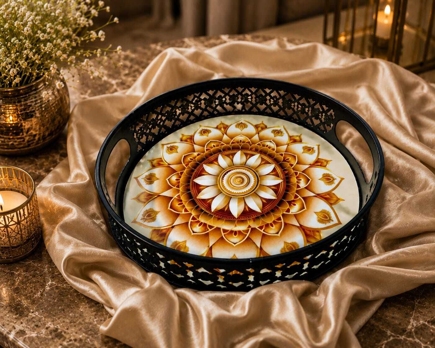 r s design co Decorative Round Serving Tray Iron Home Kitchen and Pooja Servings Tray Finish Plate, Tray, Dish, Butter Dish, Dish, Plate, Tray Serving Set-picture-47