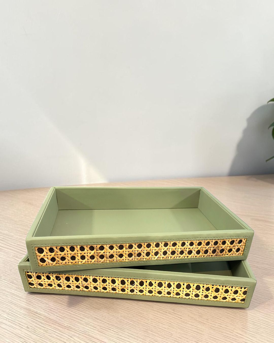 Vegan Leather Rattan Cane Serving Tray 13” x 9” x 2” and 14” x 10” x 2” Tray Serving Set-image-0