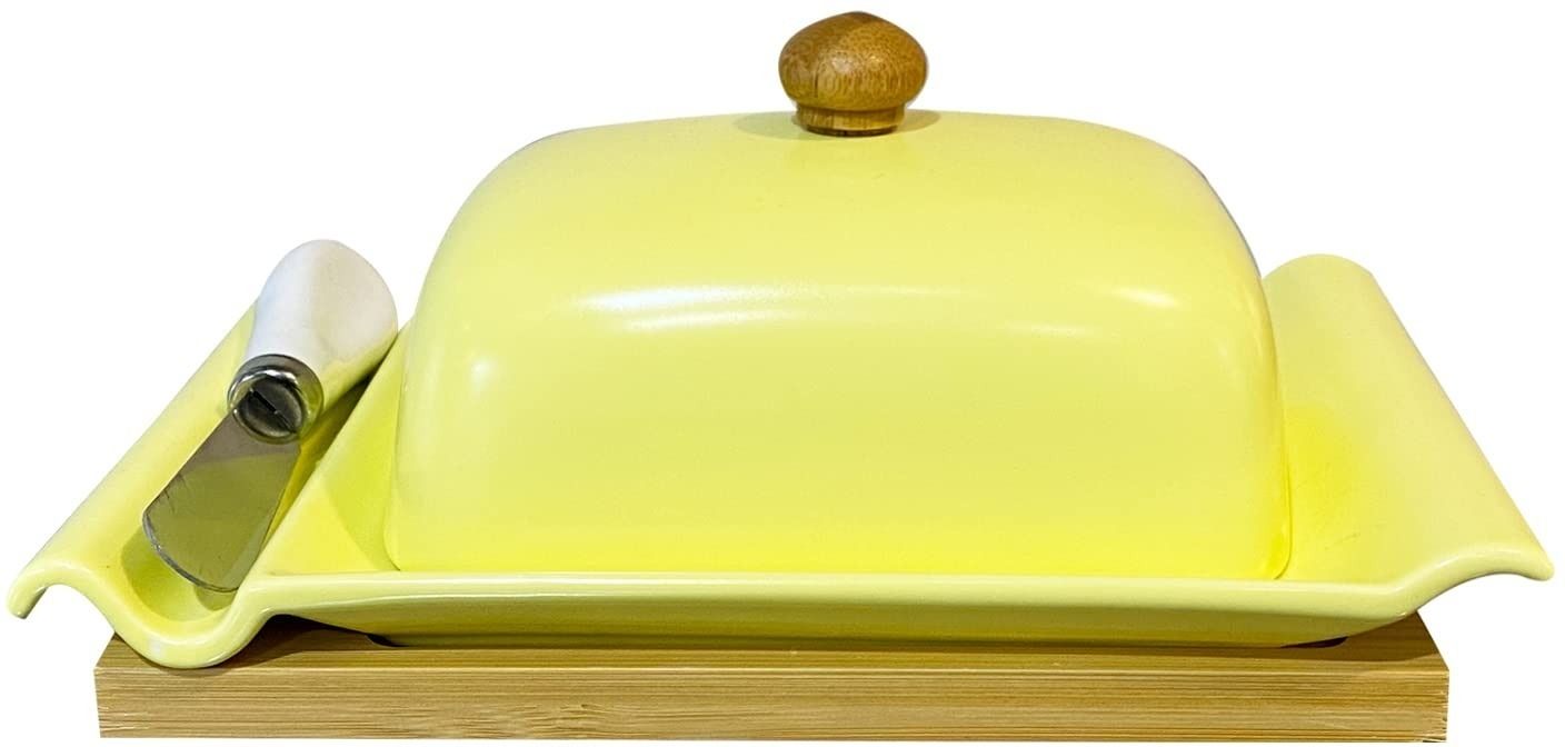 Ceramic Porcelain Butter Box Lid with Top Cover, Wooden Base and Knife(Yellow) | Butter Dish Serving Set-image-35