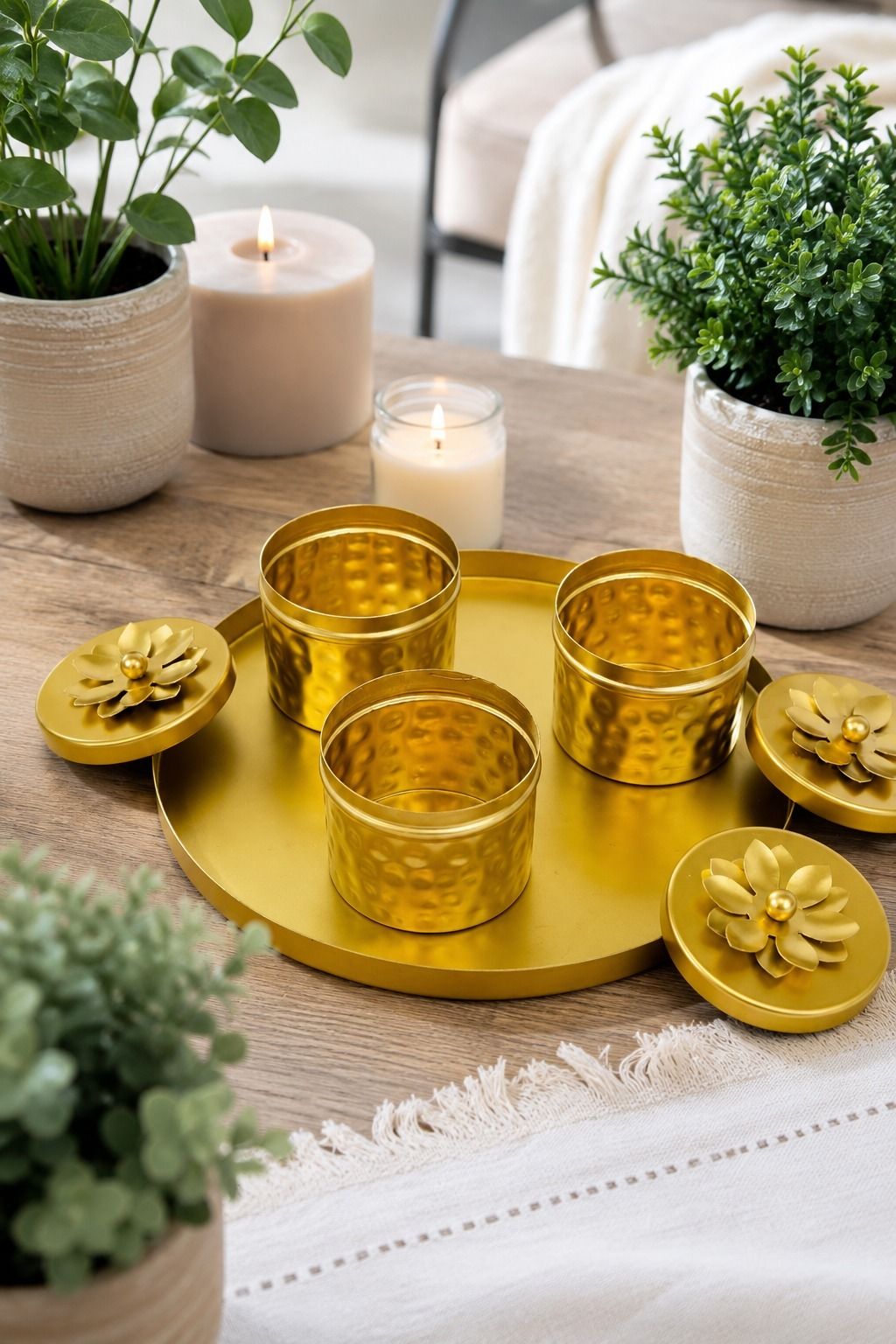 the urban home Small Metal Tray Set with 3 Containers Gold Dry Fruit Serving Set Tray Serving Set-picture-28