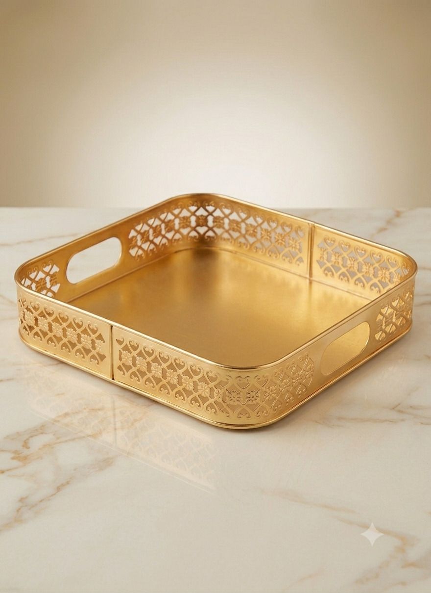 caprigo Aura Gold Filigree Decorative Serving Tray with Built-in Handles 10 Inche Tray Serving Set-picture-47