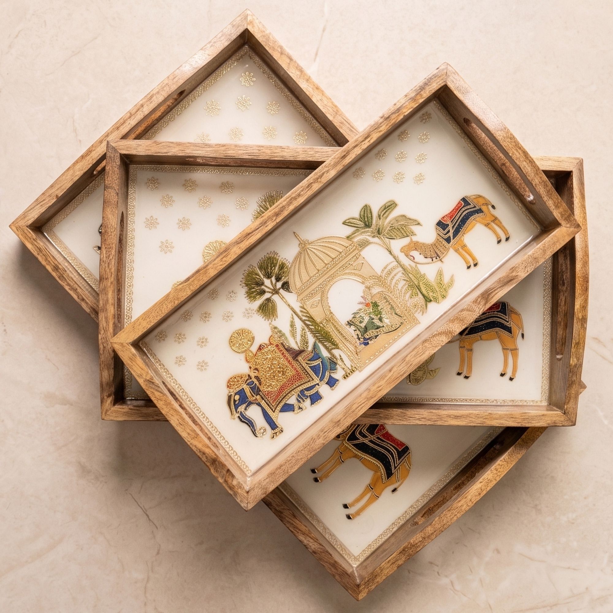 wooden pure tray set of 3 waterproof up cut handle golden sheet back epoxy Tray Serving Set-image-46