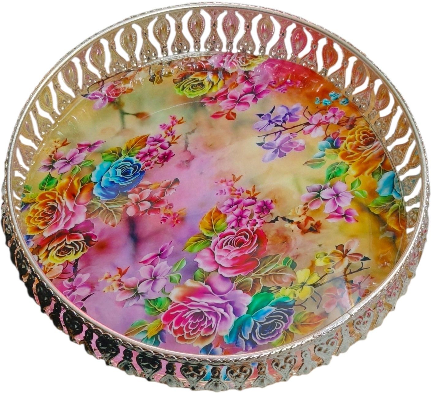 Decorative Floral Resin Metal Tray Silver Edge Pooja Serving Home Decor Tray Serving Set-image-7