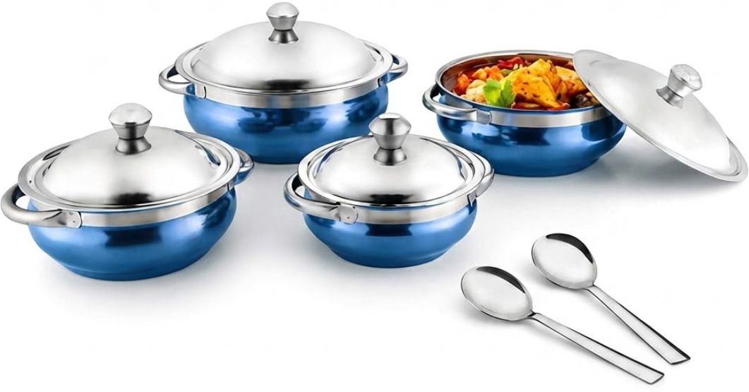 4-Piece Red Stainless Steel Serving Casserole Handi Set with Lids & 2 S.Spoon Gravy Boat, Bowl, Butter Dish, Dish, Gravy Bucket Serving Set-image-48