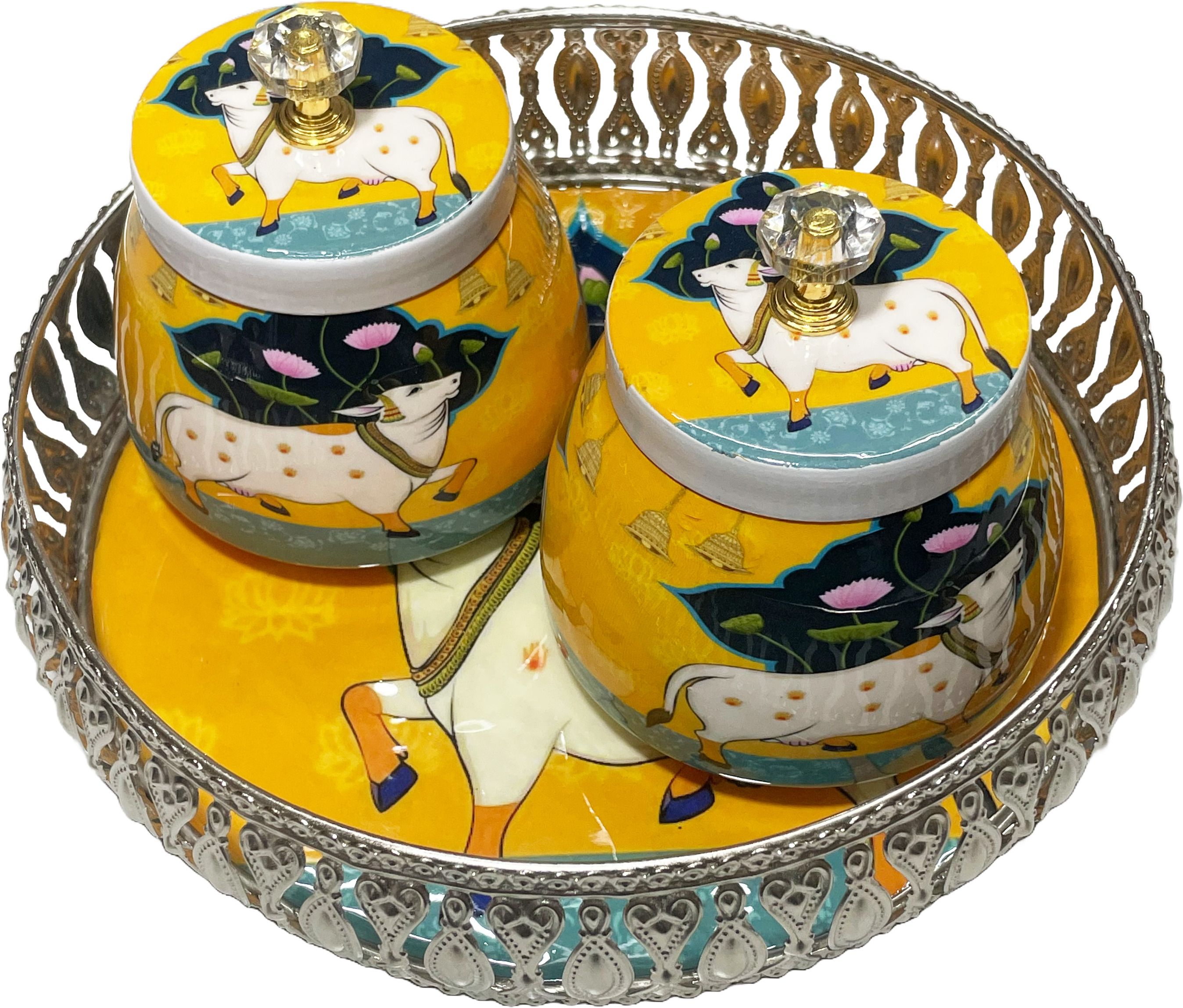 Decorative Pichwai Tray Set with 2 Jar | Traditional Yellow Cow Design | 8 inch Tray, Bowl Serving Set-image-9