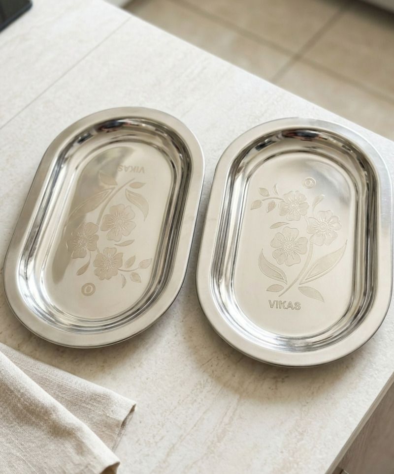 asha enterprises S Steel Oval Lunch Tray |SMALL SIZE TRAY/MAGGIE TRAY| Serving Plate| SET OF-2 Chip & Dip Tray Serving Set-picture-24