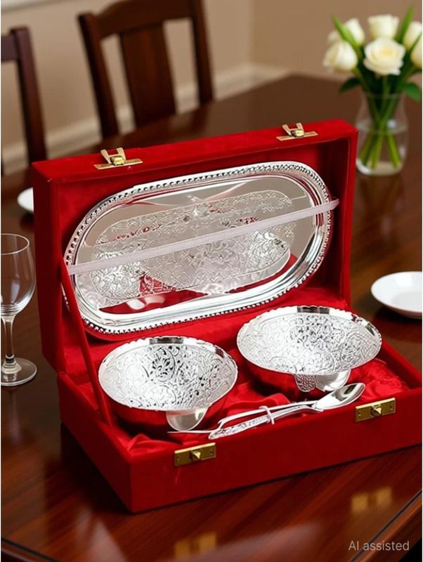 the healing store German Silver Plated Dry Fruit Bowl Set with Spoon & Tray Bowl, Tray, Spoon Serving Set-picture-32